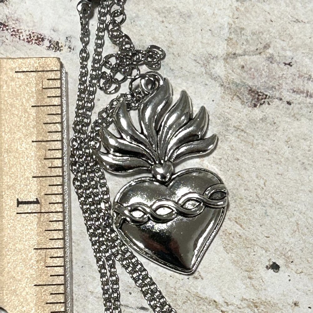 Sacred Flaming Heart Symbol Silver Pendant Necklace Religious Gothic Themed